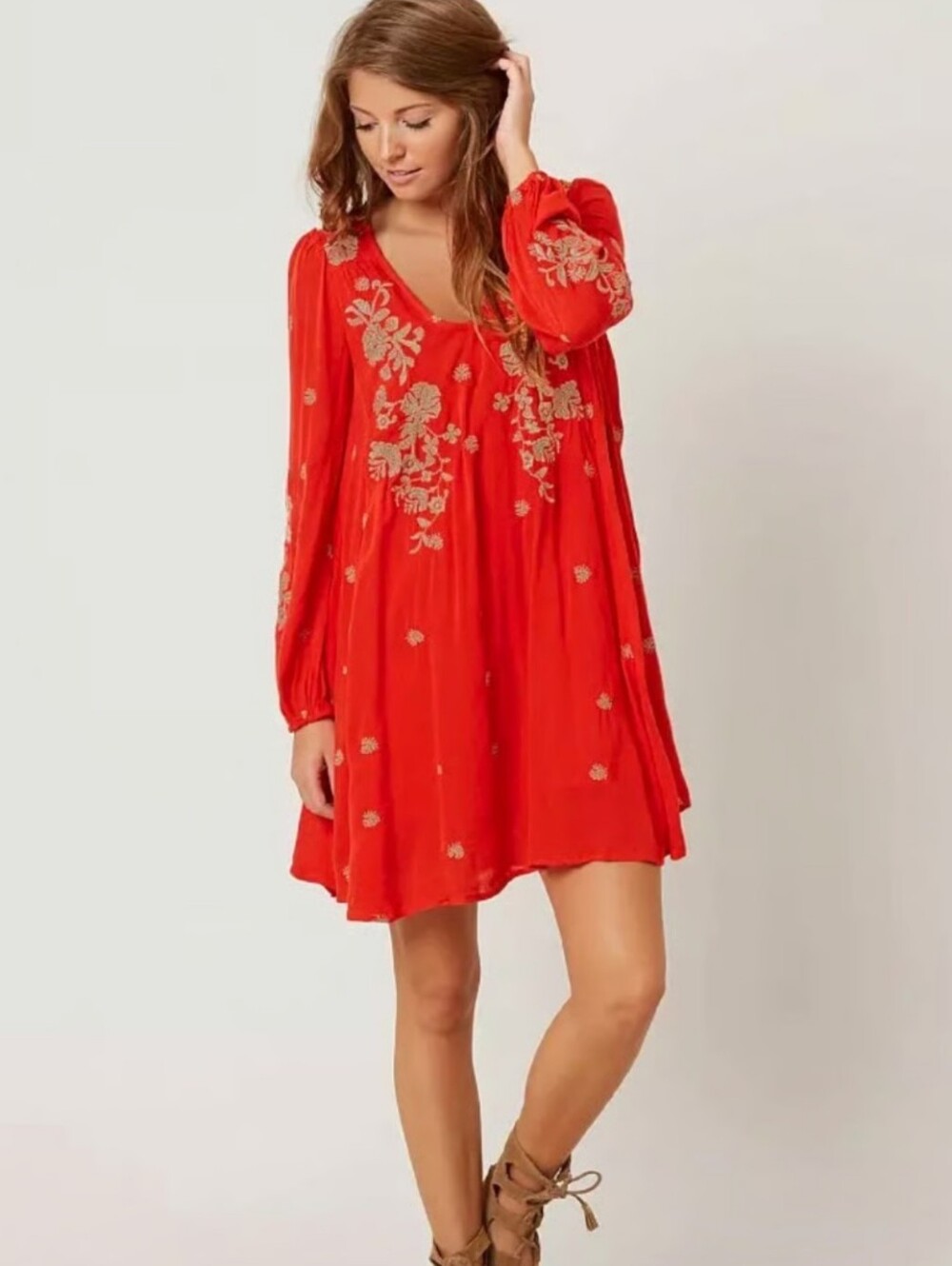 Free People Sweet Tennessee Embroidered Red Boho Cottagecore Mini Dress S
